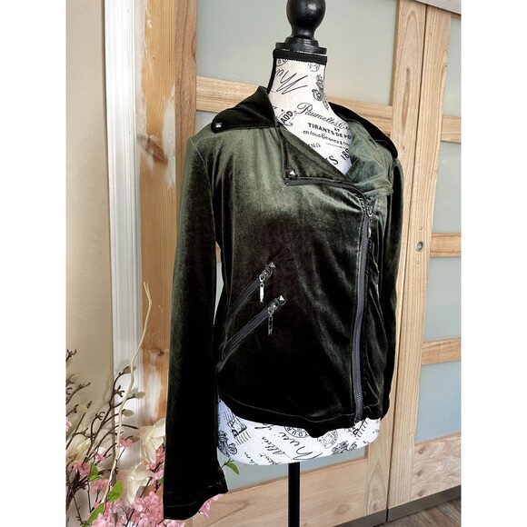 Belle Badgley Mischka Green Velvet Moto Jacket Women's Size Small Preowned - Picture 4 of 9